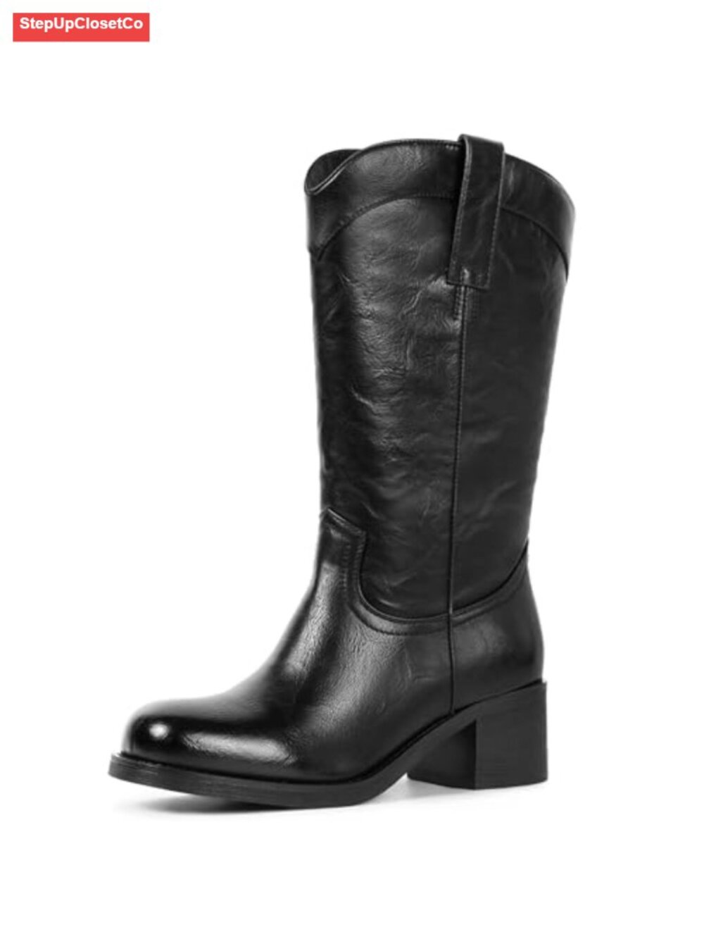 Women's Mid Calf Cowboy Boots Square Toe Block Heel Side Zipper Faux Leather